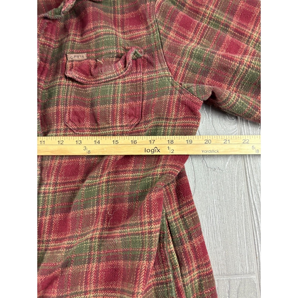 Orvis Mens Flannel Plaid Button Up Shirt Red Green Large Heavyweight Cotton - Picture 7 of 9